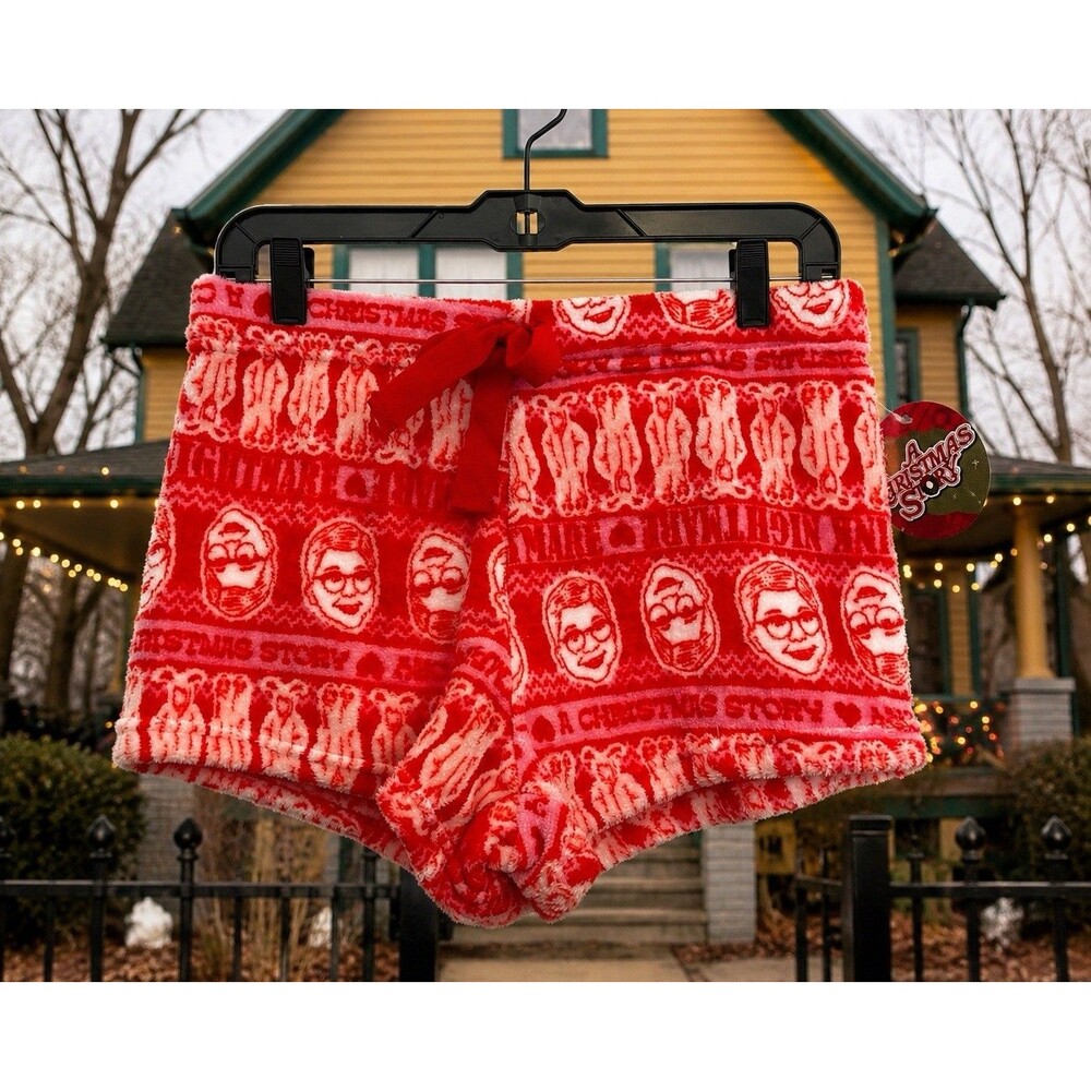 A Christmas Story Pink Red Plush Fleece Pajama Sleep Shorts Women’s Large NWT